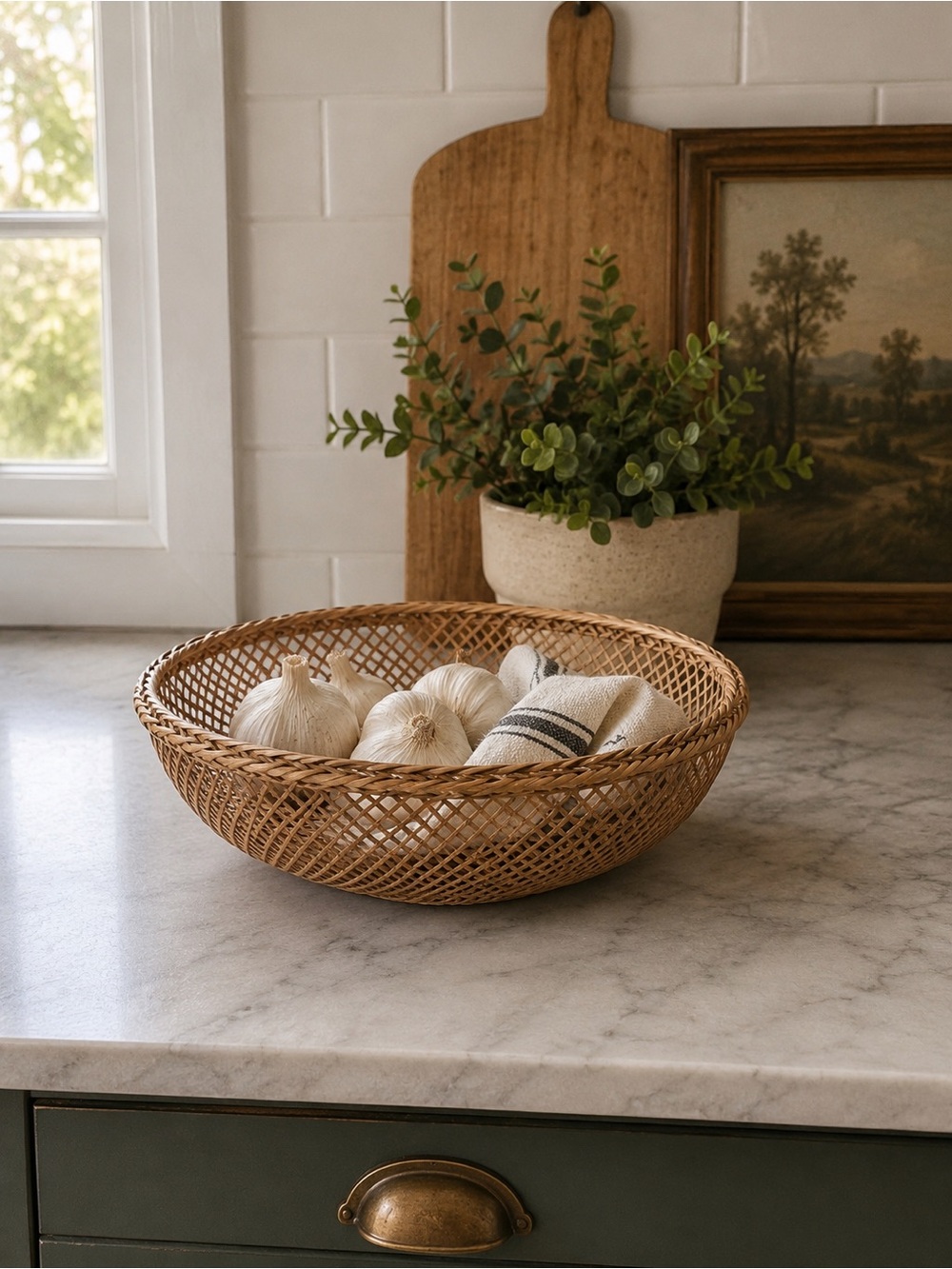 Woven Rattan Serving Bowl with Natural Finish